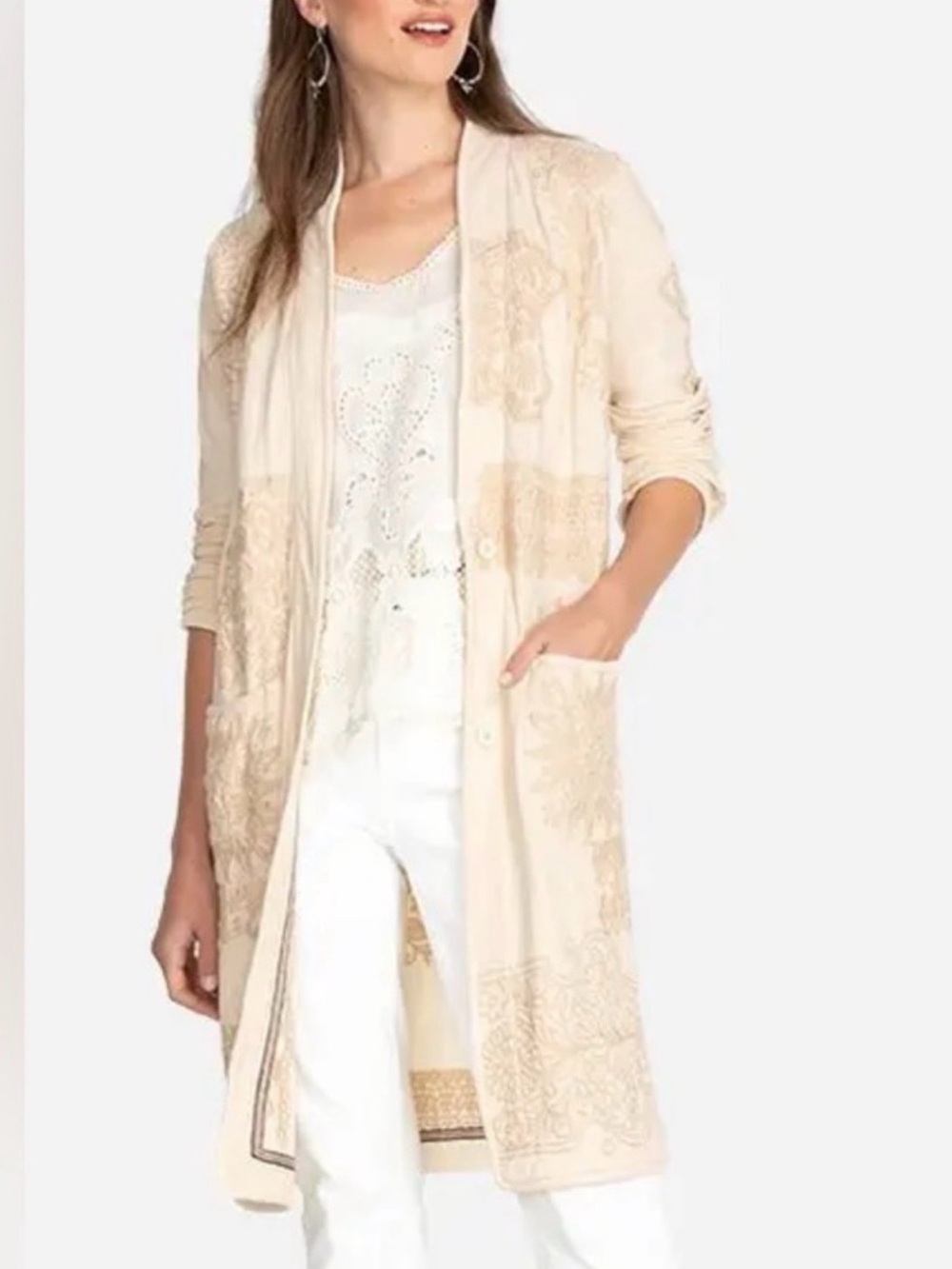 Johnny Was Biya Cream on Cream Embroidered Kimono Coat/Jacket